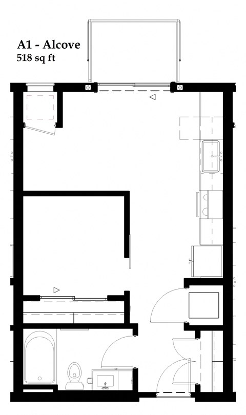 Floor plan for 1 bed, 1 bath, 518 sqft